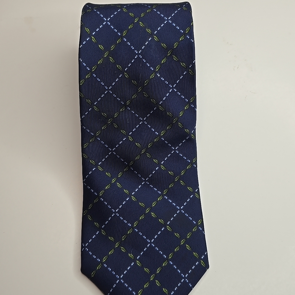 Brooks Brothers Men's Silk Tie Navy Blue Green Geometric Stain Resistant Good